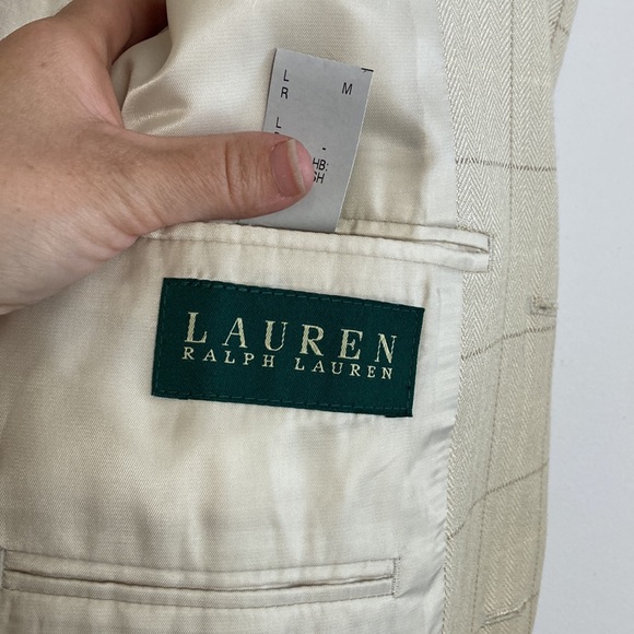 Lauren Ralph Lauren Sport Coat Mens 46R Silk Cream Herringbone Windowpane Blazer - Picture 14 of 16
